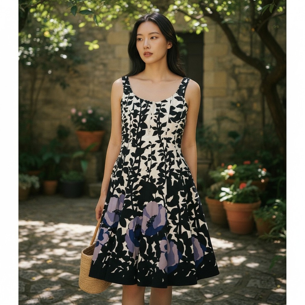 Nine West - Women's Dress Size 4 Black White Purple Sleeveless Floral RUSH Boned